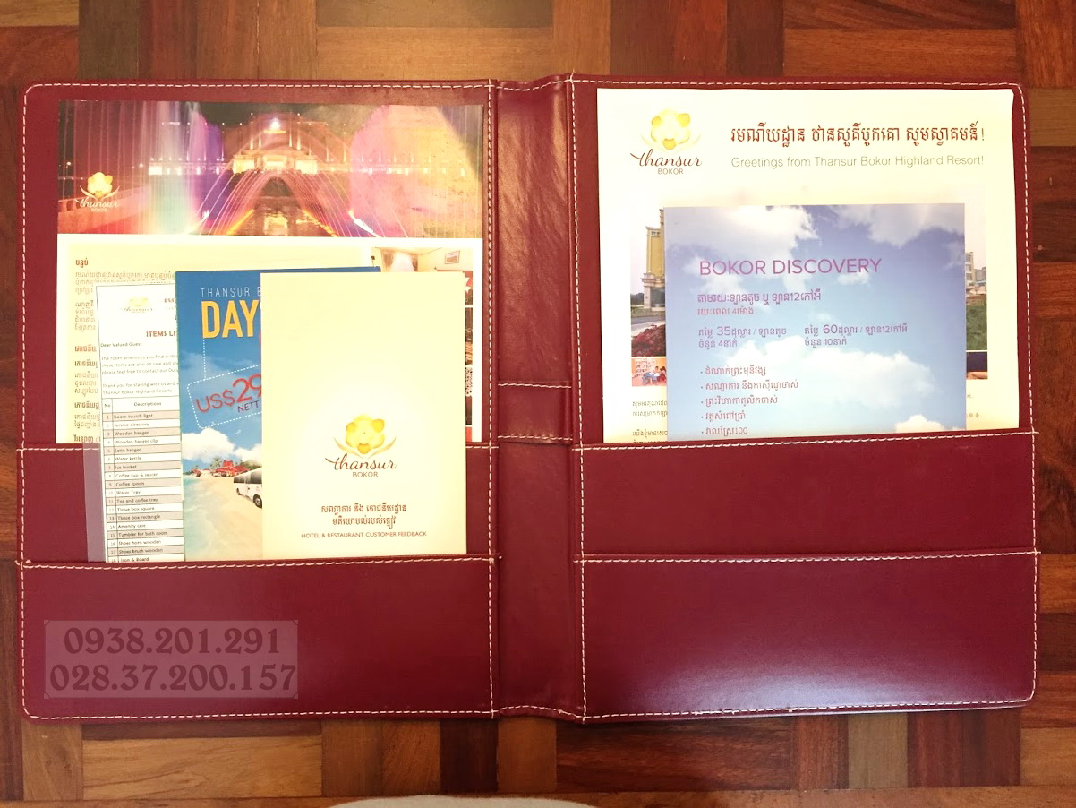 Bìa menu da trong khách sạn đựng tờ rơi brochure catalogue sản xuất theo yêu cầu